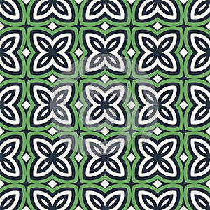 Green floral abstract background. Seamless pattern with symmetric geometric ornament.