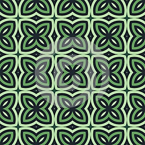 Green floral abstract background. Seamless pattern with symmetric geometric ornament.