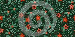 Green floral branch - Seamless pattern with christmas flower, omela, leaf