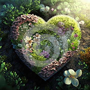 Green floral heart on grass. Spring, summer, love nature concept. AI