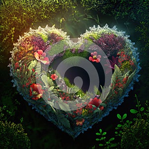 Green floral heart on grass. Spring, summer, love nature concept. AI