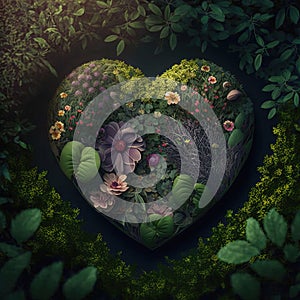 Green floral heart on grass. Spring, summer, love nature concept. AI