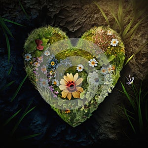 Green floral heart on grass. Spring, summer, love nature concept. AI