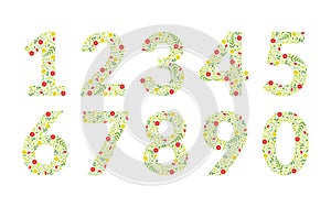 Green Floral Numbers Made of Leaves and Flowers Pattern Vector Illustration