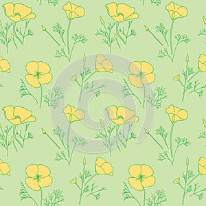 green floral seamless pattern with yellow poppies - vector