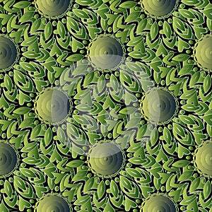 Green floral vector seamless mandalas pattern. Leafy ornamental surface background. Textured repeat decorative flourish backdrop.
