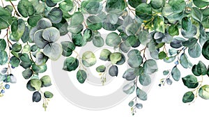Green Floral Watercolor Card with Silver Eucalyptus Leaves on White