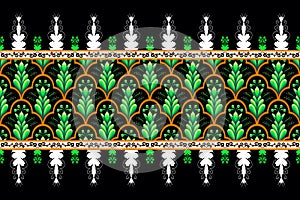 Green Flower on Black, Orange Geometric ethnic oriental pattern traditional Design for background,carpet,wallpaper,clothing,