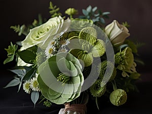 green flower bouquet in girl hands.