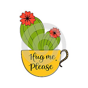 Green flower cactus hug me in doodle style. Vector illustration.