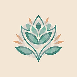 A green flower with leaves on a beige background, minimalist and delicate floral motif, Minimalist logo featuring a delicate