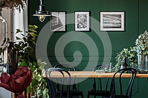 Green flowers in glass vase on long wooden table with black chairs in elegant living room