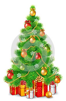 Green fluffy Christmas tree with colorful balls, snowflakes and garlands. Under the tree are Christmas gifts