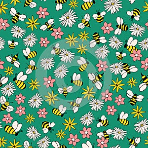 Green flying Bees seamless pattern background. Summer pattern with flowers and bees. Doodle bugs pattern.