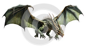Green flying dragon isolated on white created with Generative AI. Dangerous animal.