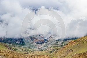 Green Foggy Mountain Landscape of the HImalayas in Kagbeni of Upper Mustang, Nepal