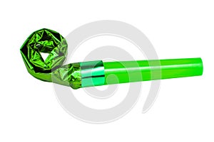 Green foil party horn whistle noisemaker isolated on the white background