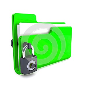 green folder with the lock isolated on white background. Data security concept. 3d render