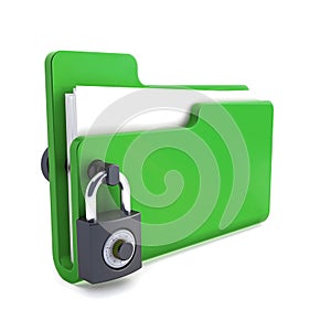green folder with the lock isolated on white background. Data security concept. 3d render
