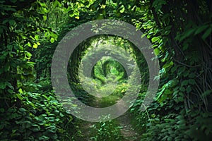 Green Foliage, Mysterious Summer Forest Tunnel, Sunny Path in Dense Vegetation, Copy Space