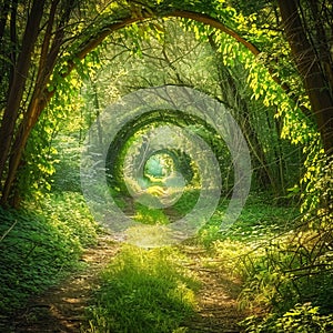 Green Foliage, Mysterious Summer Forest Tunnel, Sunny Path in Dense Vegetation, Copy Space