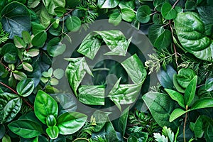 Green Foliage With Recycle Symbol Composed of Leaves Against Dark Background