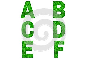 Green font Alphabet a, b, c, d, e, f made of green sparkle background.
