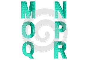 Green font Alphabet m, n, o,p, q, r made of banana`s leaf background.