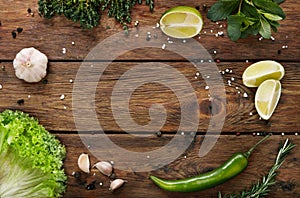 Green food background, rustic wood with copyspace