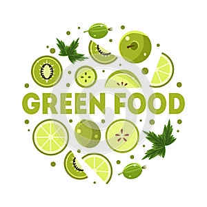 Green Food Banner Template with Fresh Fruits and Vegetables of Round Shape Vector Illustration