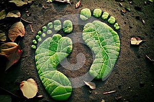 Green footprints on the ground among the leaves - the concept of human footprint in ecology - Generative AI