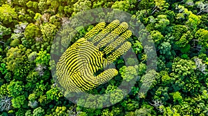 Green forest on blurred background and handprinting