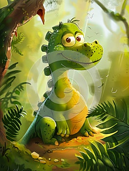 Green Forest Adventures: A Cartoon Dinosaur\'s Warm Welcome in th