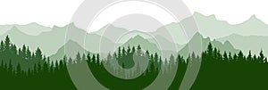 Green forest on background of mountains, silhouette. Beautiful landscape.  Evergreen coniferous trees. Vector illustration