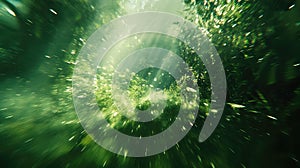 Green forest exploding with light and energy particles