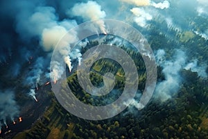 Green forest in fire, natural disaster, climate change, global warming, top view