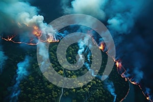 Green forest in fire, natural disaster, climate change, global warming, top view