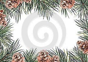 Green forest frame with pine branches and cones.