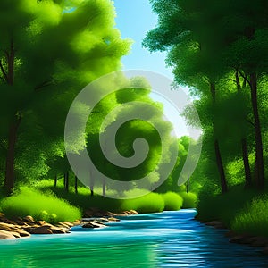 green forest in the morning, river water, blue sky background crossing river from a bridge, nature photography, generative AI
