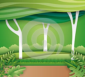 Green forest with paper art concept. vector