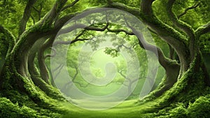 A green forest with a path leading to the middle of it, AI