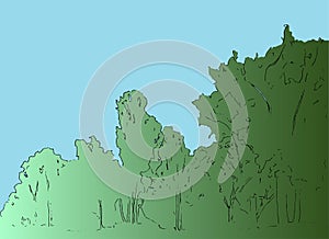 Green forest silhouette and blue sky. Environment conservation concept flat design.Vector landscape. Abstract nature background