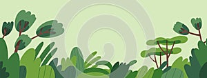 Green forest, summer trees and shrubs, eco banner design. Spring nature, woods background with leaf plants, bushes in
