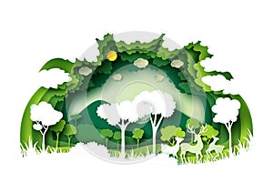 Green forest and wildlife with nature background layers paper ar