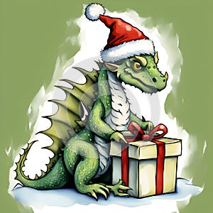 Green formidable dragon in red Santa Claus hat with gift boxes on white-green background. Symbol of 2024 according to Chinese