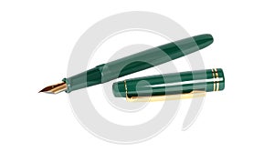 Green fountain pen with gold nib and top. Clipping path. Isolated on white