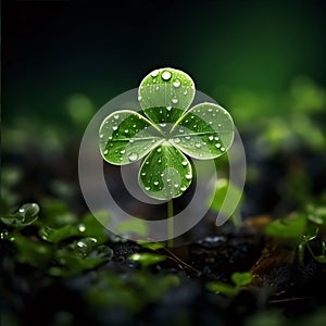 Green four-leaf clover in the ground with drops of water, dew on smudged forest background. Green four-leaf clover symbol o