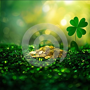 Green four-leaf clover scattered gold coins, bokeh effect banner with space for your own content. Green four-leaf clover symb photo