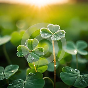 On the green four-leaf clover there are water droplets on the leaves shining morning light