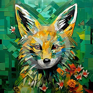 Green Fox Abstract Painting: Vibrant Geometrics And Naturalistic Flora And Fauna photo